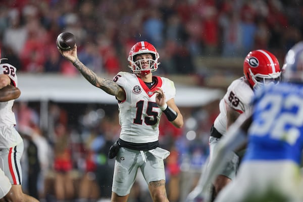 Georgia quarterback Carson Beck (15) attempts a pass during the fourth quarter against Mississippi at Vaught Hemingway Stadium, Saturday, November 9, 2024, in Oxford, Ms. Mississippi won 28-10. (Jason Getz / AJC)
