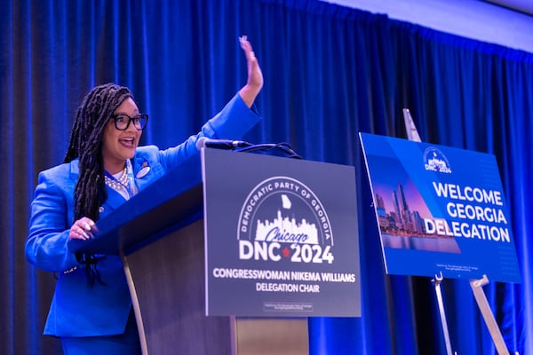 U.S. Rep. Nikema Williams, D-Atlanta, provided the connection that enabled the Georgia delegation to enlist rapper Lil Jon in announcing its vote during the roll call at the Democratic National Convention. She helped the hip-hop artist vote several years earlier. (Arvin Temkar / AJC)