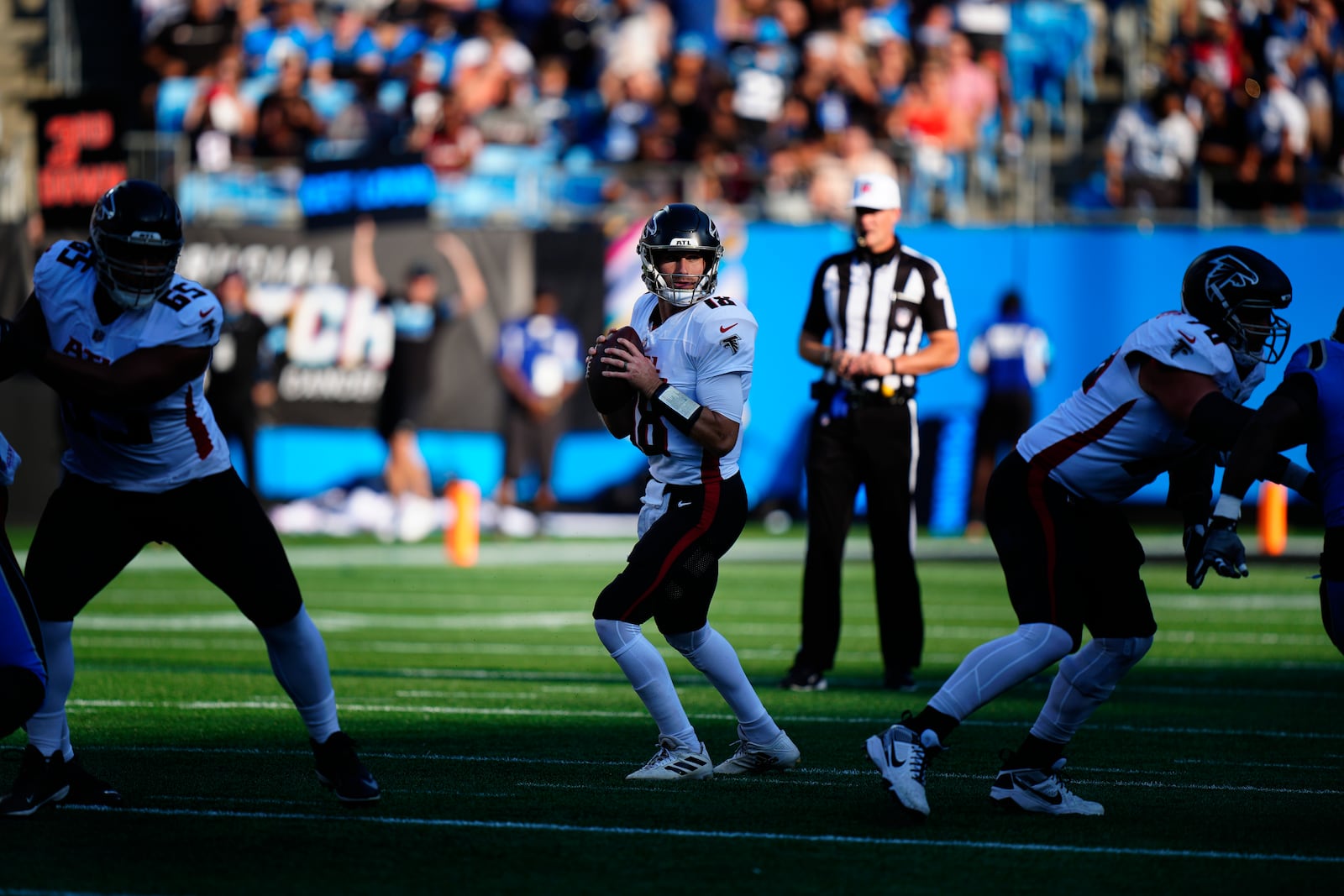 Atlanta Falcons wide receiver Rondale Moore (14) looks to pass in the first half of an NFL football game against the Carolina Panthers in Charlotte, N.C., Sunday, Oct. 13, 2024. (AP Photo/Jacob Kupferman)