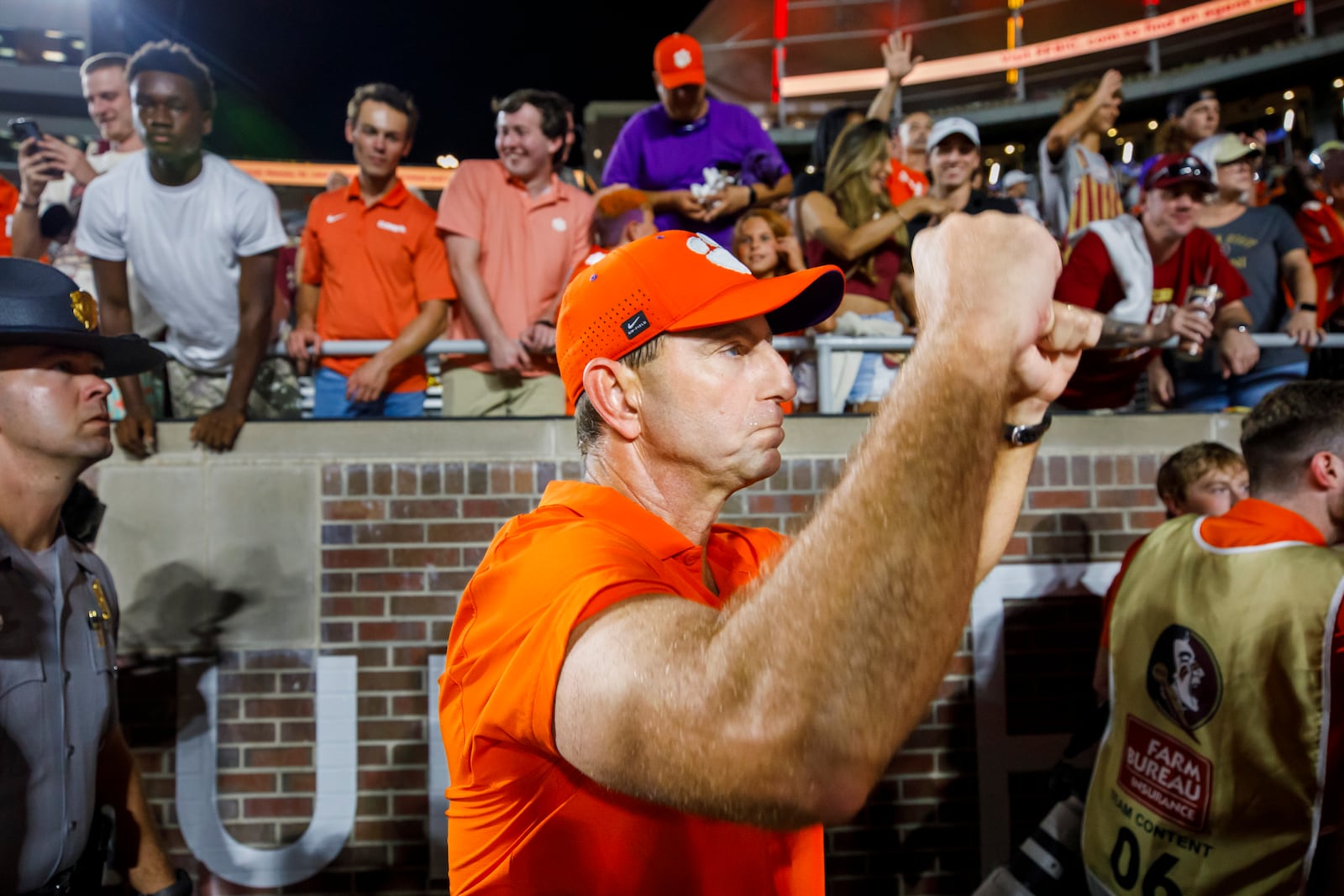 Clemson head coach Dabo Swinney celebrates after his team beat Florida State 29-13 in a NCAA college football game, Saturday, Oct. 5, 2024, in Tallahassee, Fla. (AP Photo/Colin Hackley)