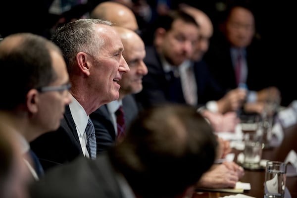 Gilead Sciences CEO Daniel O’Day spoke in March at a meeting with President Donald Trump, members of the Coronavirus Task Force, and pharmaceutical executives. Gilead is the pharmaceutical giant that makes remdesivir, an experimental coronavirus treatment. (AP Photo/Andrew Harnik)