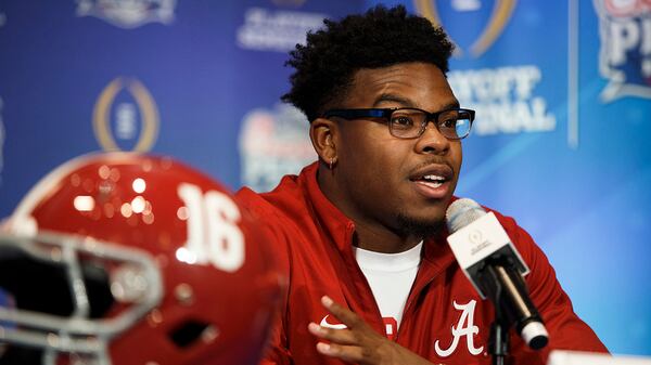 The Alabama Crimson Tide running back Damien Harris addresses the media during a Chick-fil-A Peach Bowl press conference Dec. 28, 2016, in Atlanta.