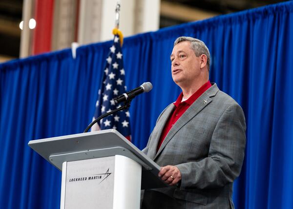 Greg Ulmer, the president of Lockheed Martin Aeronautics, speaks to employees at Lockheed Martin's manufacturing facility in Marietta on Thursday, Aug. 22. (Seeger Gray/AJC)