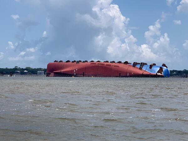 The Golden Ray has been beached on its side off St. Simons Island since Sept. 8, 2019, when the ship capsized shortly after leaving the Port of Brunswick. (Liz Miniet/AJC)