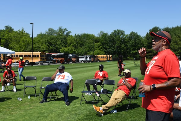 Martin McNair, right, father of Jordan McNair and founder of The Jordan McNair Foundation, speaks to a group of parents and coaches at the foundation's health and wellness sports clinic on June 5. He and Jordan's mother, Tonya Wilson, see an opportunity to push for more comprehensive change. (Barbara Haddock Taylor/Baltimore Sun/TNS)