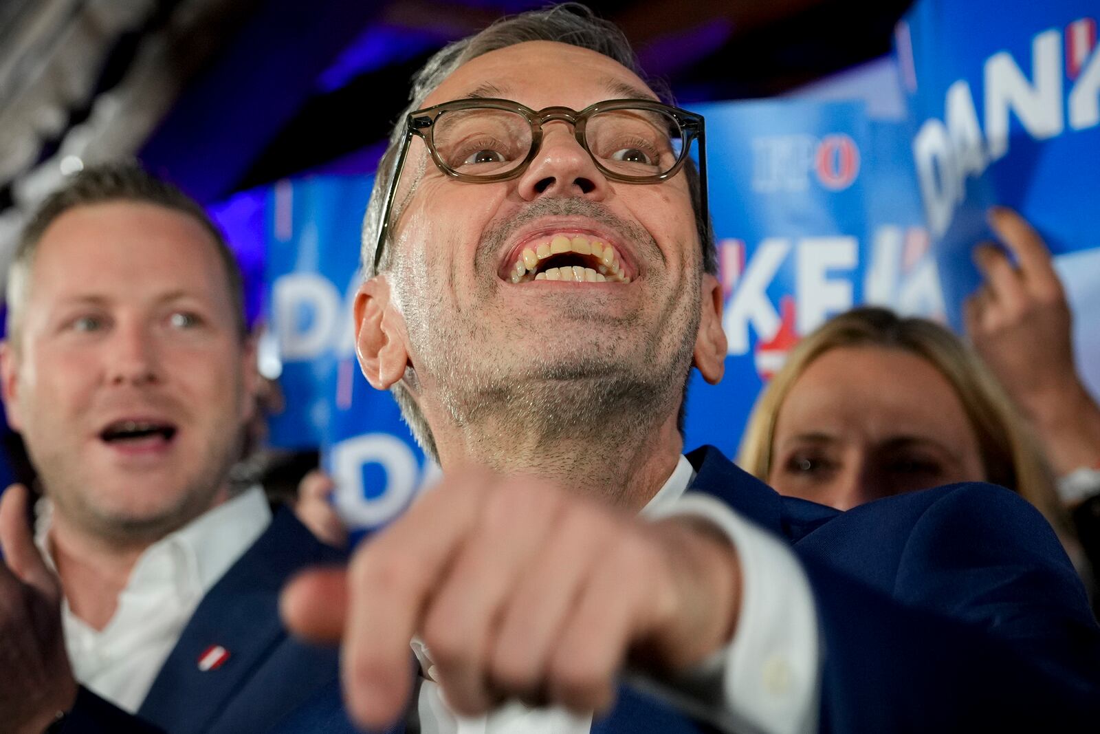 Herbert Kickl, leader of the Freedom Party of Austria waves to supporters, in Vienna, Austria, Sunday, Sept. 29, 2024, after polls closed in the country's national election. (AP Photo/Andreea Alexandru)