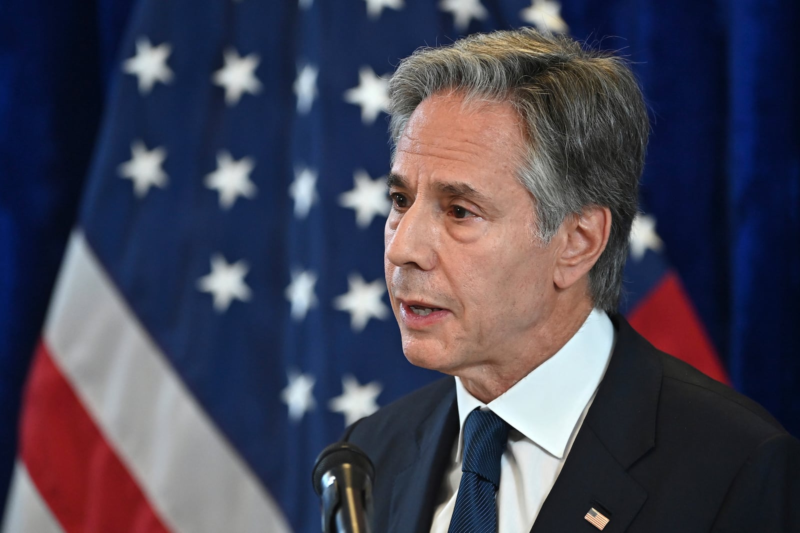 U.S. Secretary of State Antony Blinken speaks at a news conference during the Association of Southeast Asian Nations (ASEAN) Summit in Vientiane, Laos, Friday, Oct. 11, 2024. (Tang Chhin Sothy/Pool Photo via AP)