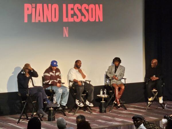 (l. to r.) 'The Piano Lesson' cast members Samuel L. Jackson, director Malcolm Washington, John David Washington, Danielle Deadwyler and moderator Kenny Leon on a post-screening panel at Morehouse College on Oct. 24, 2024.