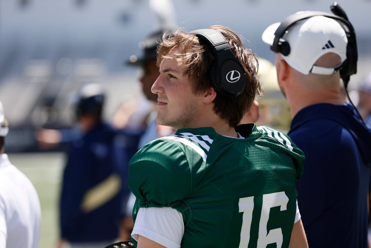 Georgia Tech quarterback Brody Rhodes (16) watches from the sidelines during the Spring White and Gold game at Bobby Dodd Stadium at Hyundai Field In Atlanta on Saturday, April 13, 2024.   (Bob Andres for the Atlanta Journal Constitution)