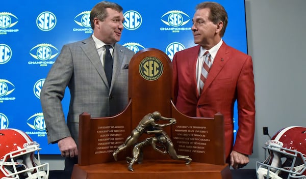 Hyosub Shin's photo of Alabama coach Nick Saban and Georgia coach Kirby Smart prior to the 2018 SEC championship game.