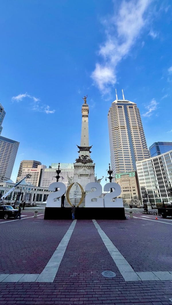 Downtown Indianapolis is decorated for the College Football Playoff championship game. (Photo by 2022 Indy Host Committee)