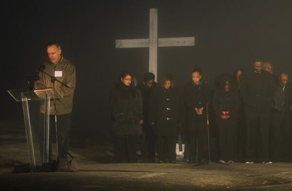 March 27, 2016 Stone Mountain - Rev. Jeff Carey, of JAYA Church, gives the call to worship and prayer at the Easter 72nd Annual Sunrise Service. There was a service at the mountaintop and one on the memorial lawn. TAYLOR CARPENTER / TAYLOR.CARPENTER@AJC.COM