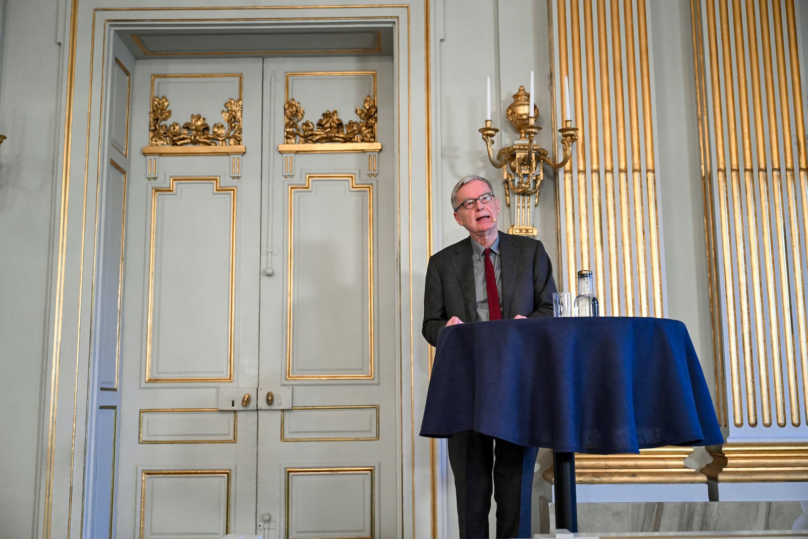 Anders Olsson, chairman of the Nobel Committee for Literature 2024, speaks to the media after the announcement of the winner of the 2024 Nobel Prize in Literature, South Korean writer Han Kang at the Swedish Academy in Stockholm, Sweden, Thursday Oct. 10, 2024. (Jessica Gow/TT News Agency via AP)