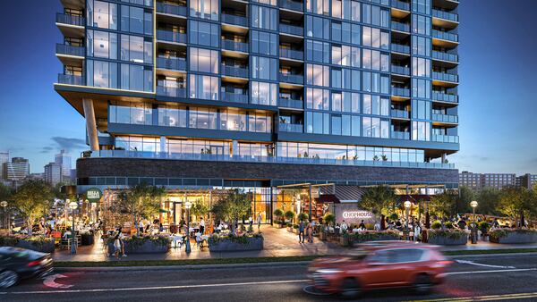 A rendering of The Mitchell, an apartment tower under construction in Centennial Yards in downtown Atlanta. Rendering courtesy of Centennial Yards Co.