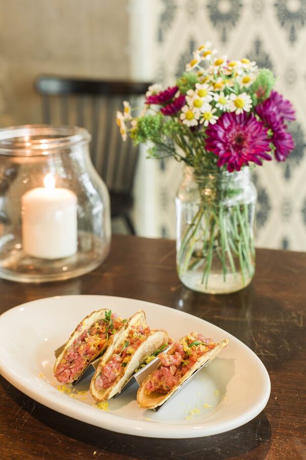 Steak Tartare Tacos served in house-made potato chip shells. PHOTO CREDIT: Tomas Espinoza