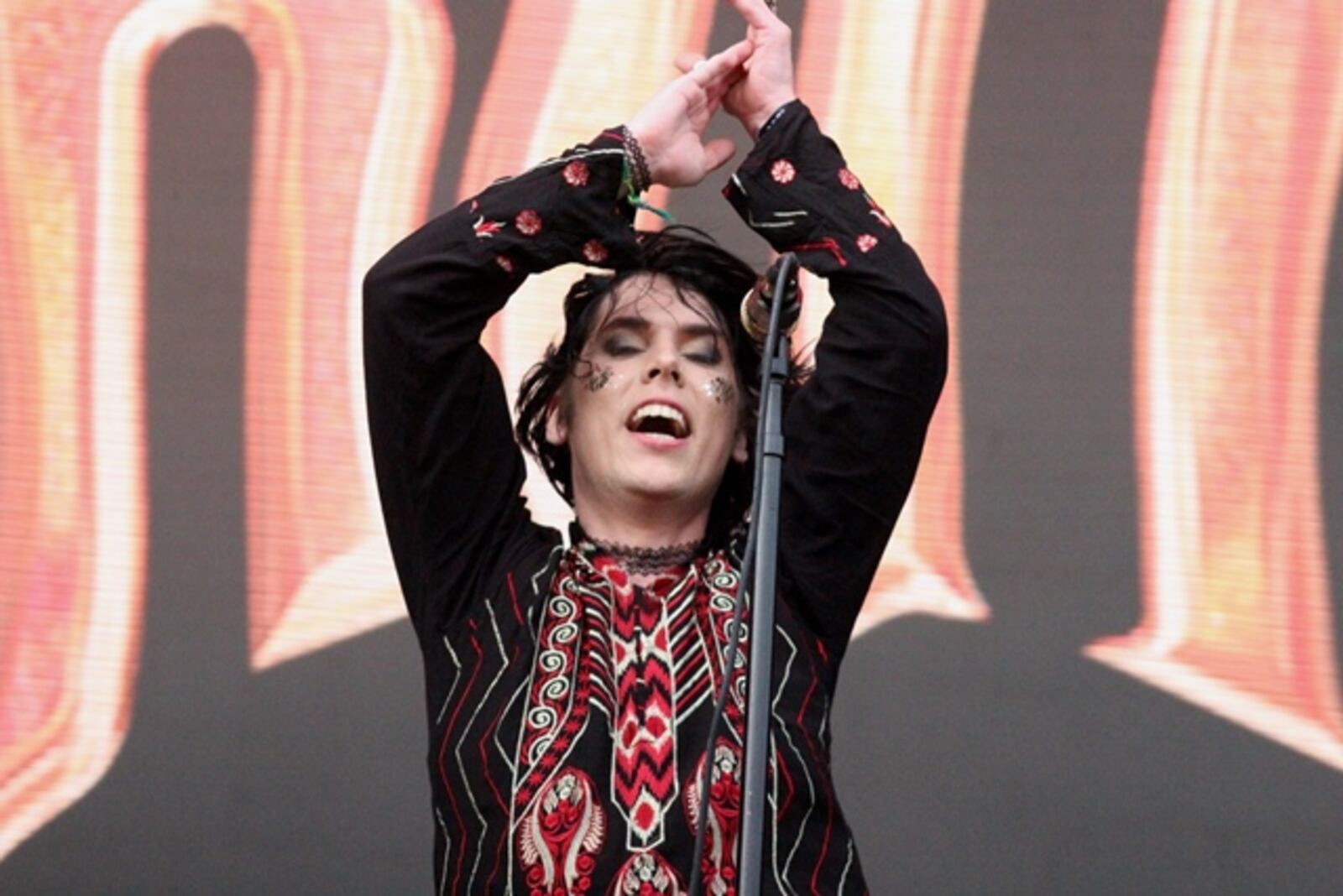 Luke Spiller, frontman for The Struts, kept the Shaky Knees crowd captivated with his antics. Photo: Melissa Ruggieri/Atlanta Journal-Constitution