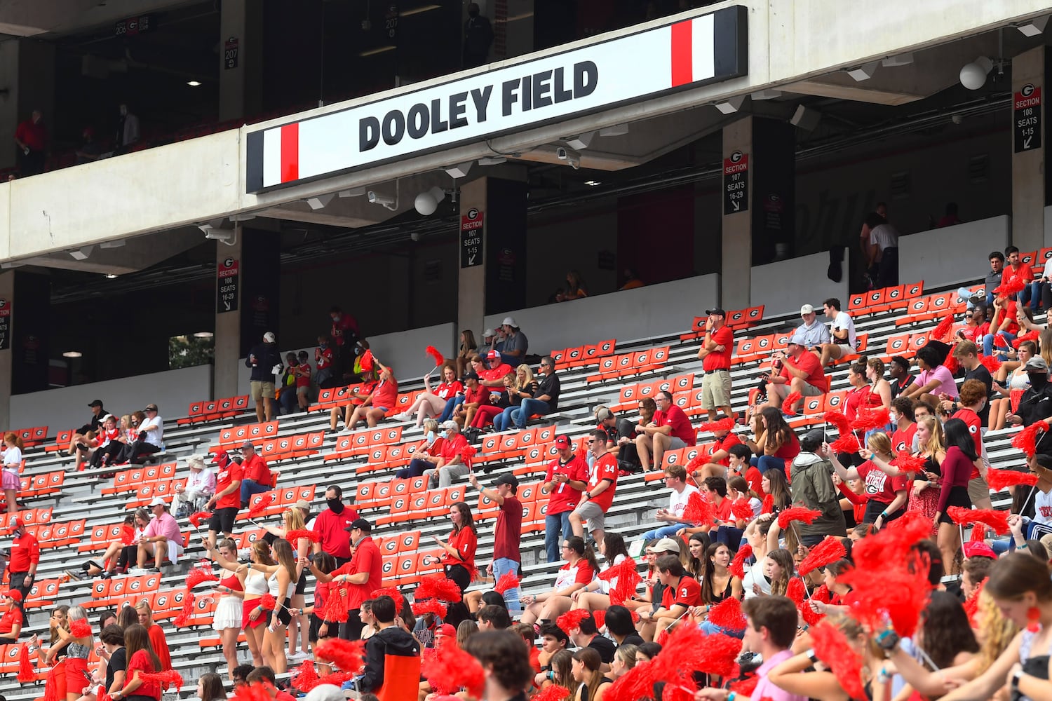 Georgia fans watch warm ups before a football game against Tennessee on Saturday, Oct. 10, 2020, at Sanford Stadium in Athens. JOHN AMIS FOR THE ATLANTA JOURNAL- CONSTITUTION