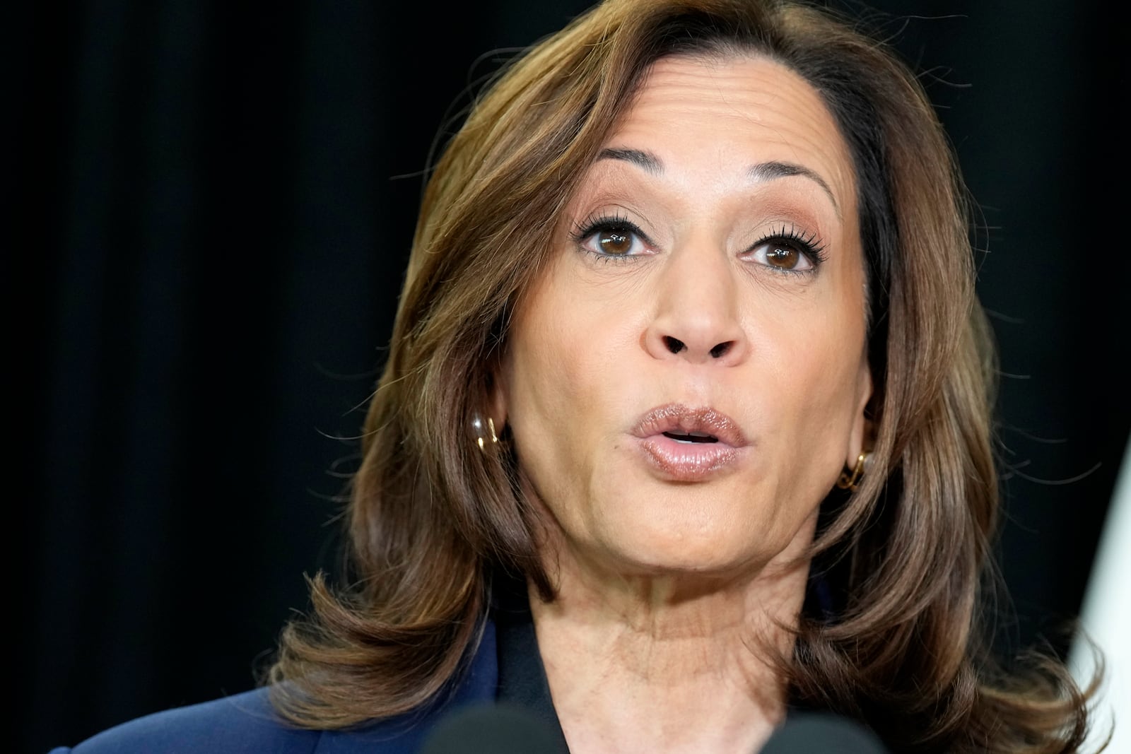 Democratic presidential nominee Vice President Kamala Harris speaks about the killing of Hamas' top leader Yahya Sinwar in a battle with Israeli forces in Gaza, Thursday, Oct. 17, 2024, following a campaign rally at the University of Wisconsin Milwaukee. (AP Photo/Jacquelyn Martin)