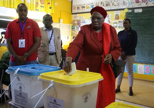 Namibia's vice president, Netumbo Nandi-Ndaitwah, of the ruling South West Africa People's Organization, (SWAPO) casts her vote in a presidential election, in Windhoek, Namibia, Wednesday, Nov. 27, 2024. (AP Photo/Esther Mbathera)