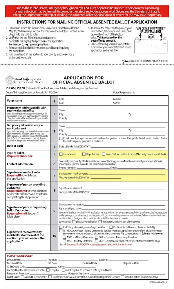 Georgia’s 6.9 million active voters are being mailed absentee ballot request forms in advance of the primary election May 19. The forms will already have voters’ names, addresses and birthdates filled in. Voters will need to select which party’s ballot they want, sign the form and return it to their county’s election office.