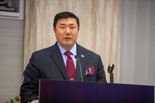 Attorney BJay Pak speaks during a press conference at Alston and Bird Law in Atlanta’s Midtown community, Thursday, September 16, 2021. (Alyssa Pointer/Atlanta Journal Constitution)