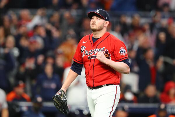 Braves relief pitcher Tyler Matzek reacts after the final out to end the top of the eighth inning against the Houston Astros in game 3 of the World Series at Truist Park, Friday October 29, 2021, in Atlanta. Curtis Compton / curtis.compton@ajc.com 