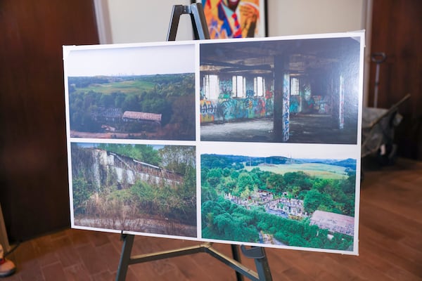 Images of the site of the planned Atlanta Public Safety Training Center are shown at a press conference with Atlanta Mayor Andre Dickens and Dekalb County CEO Michael Thurmond at Atlanta City Hall, Tuesday, January 31, 2023, in Atlanta. Jason Getz / Jason.Getz@ajc.com)
