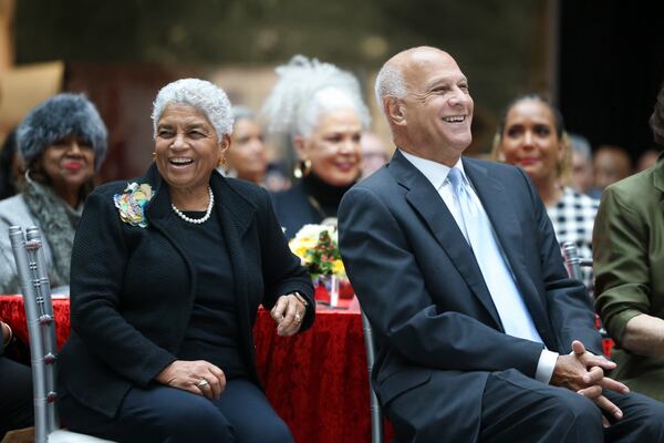 Former Atlanta Mayors Shirley Franklin, left, and Bill Campbell react during the celebration commemorating the 50th anniversary of the inauguration of Mayor Maynard Jackson at the Atlanta City Hall Atrium, Monday, January 8, 2024, in Atlanta. (Jason Getz / Jason.Getz@ajc.com)