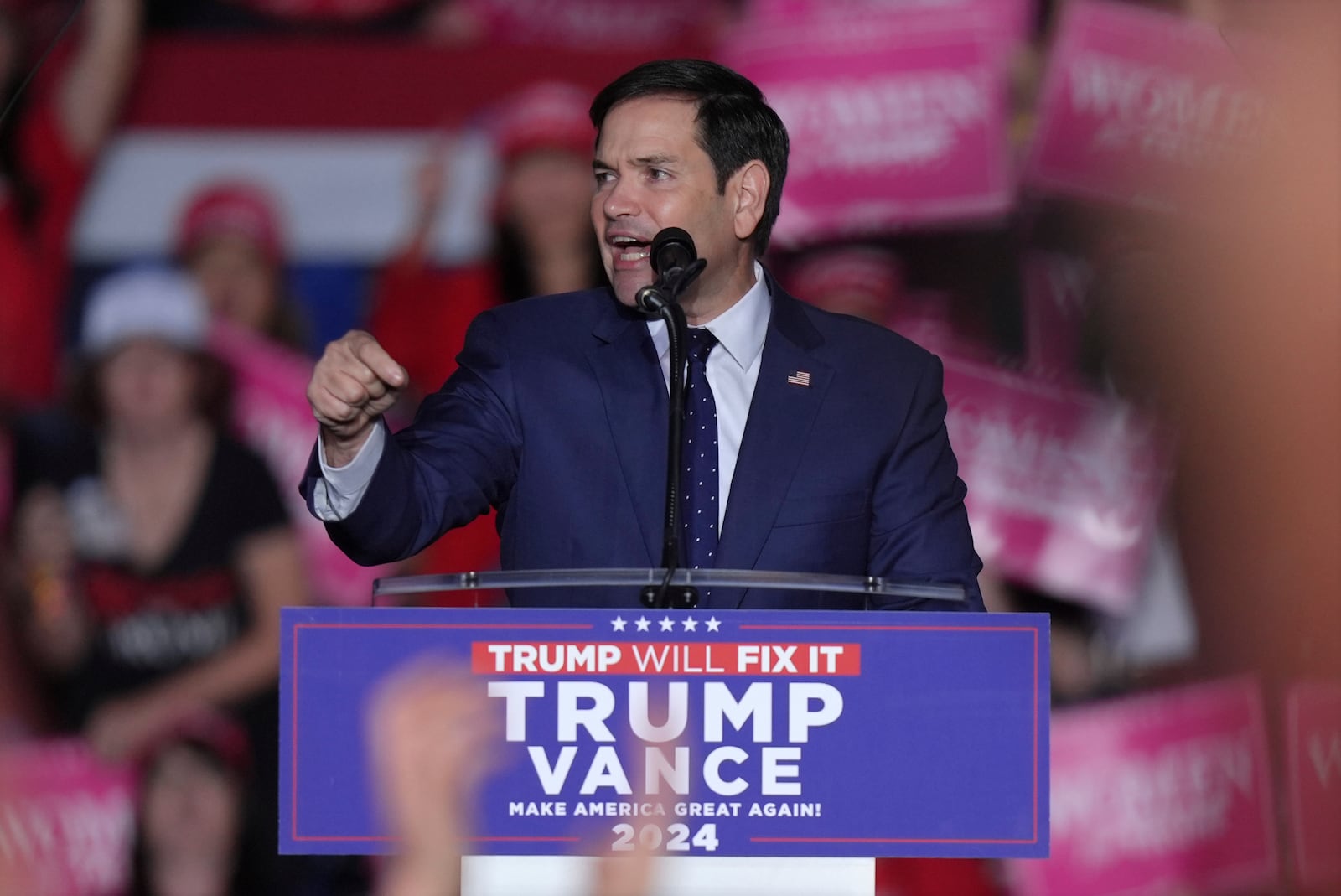 Sen. Marco Rubio, R-Fla., speaks before Republican presidential candidate former President Donald Trump at a campaign rally, Monday, Nov. 4, 2024, in Reading, Pa. (AP Photo/Chris Szagola)