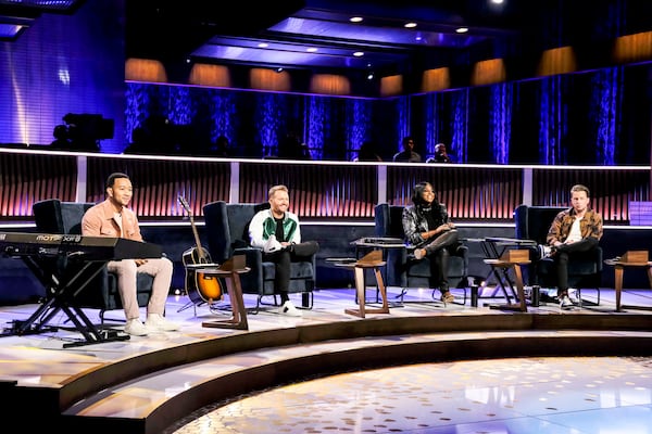 SONGLAND -- Episode X -- Pictured: (l-r) John Legend, Shane McAnally, Ester Dean, Ryan Tedder -- (Photo by: Trae Patton/NBC)