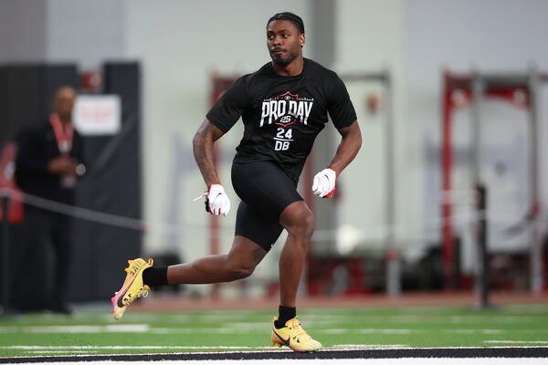 Georgia's Malaki Starks (24) runs a drill during the school's NFL Pro Day, Wednesday, March, 12, 2025, in Athens, Ga. (AP Photo/Colin Hubbard)