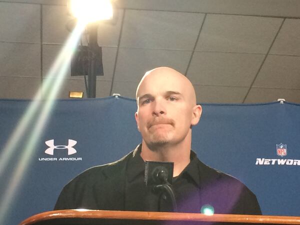 Falcons coach Dan Quinn speaking at the combine. (By D. Orlando Ledbetter/dledbetter@ajc.com)