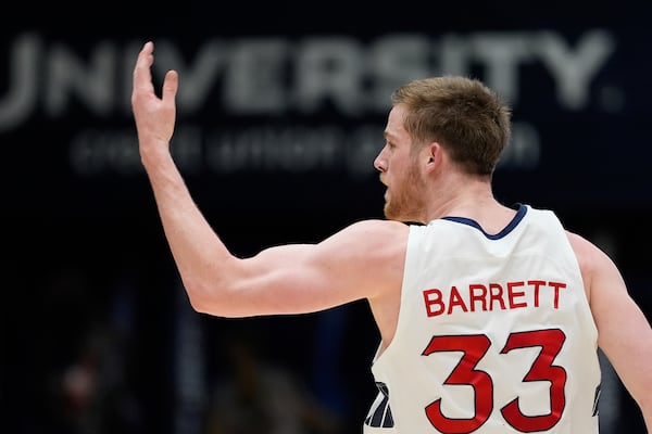 Saint Mary's forward Luke Barrett reacts after scoring against Oregon State during the second half of an NCAA college basketball game Saturday, March 1, 2025, in Moraga, Calif. (AP Photo/Godofredo A. Vásquez)