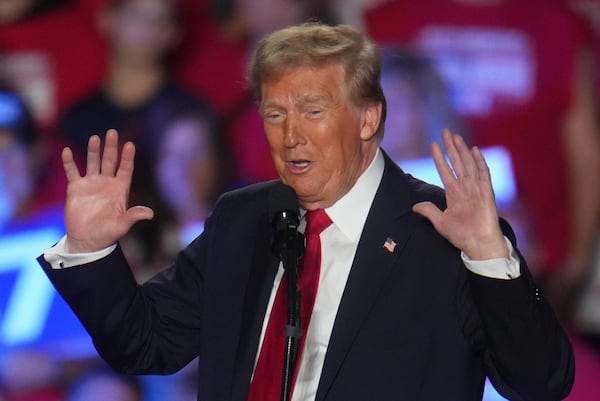 Republican presidential nominee former President Donald Trump speaks at a campaign rally at Macomb Community College Friday, Nov. 1, 2024, in Warren, Mich. (AP Photo/Paul Sancya)