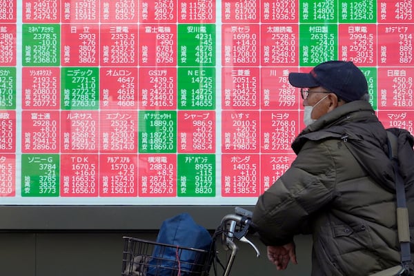 A person looks at an electronic stock board showing Japan's Nikkei index at a securities firm Thursday, Feb. 27, 2025, in Tokyo. (AP Photo/Eugene Hoshiko)