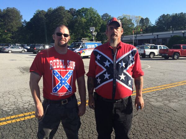 Georgia activists John Michael Estes (left) and Greg Calhoun (right), organizers of the “white power” demonstration “Rock Stone Mountain,” pose prior to the April 2016 rally.