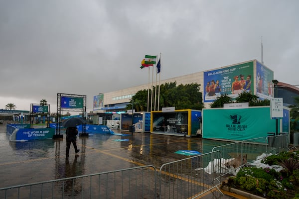 A general view of the Martin Carpena sportshall during the Billie Jean King Cup finals in Malaga, southern Spain, Wednesday, Nov. 13, 2024, after today's matches were canceled due to heavy rain and postponed until tomorrow. (AP Photo/Manu Fernandez)