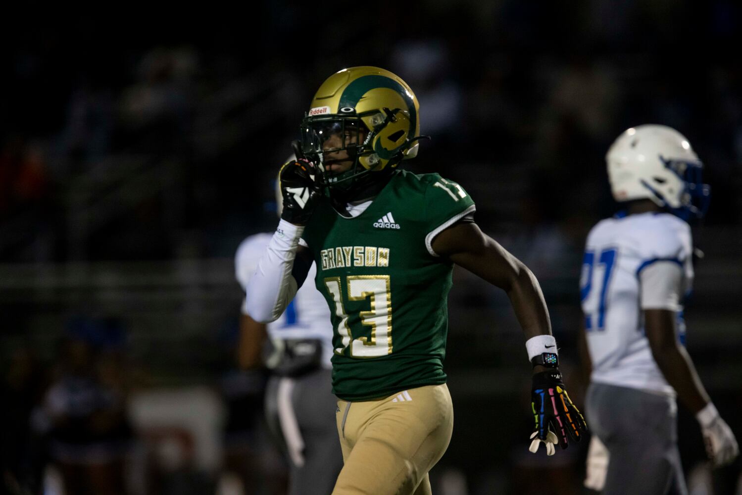 Grayson’s Aiden Taylor (13) celebrates after scoring a touchdown during a GHSA High School Football game between Grayson High School and Newton County High School at Grayson High School in Lawrenceville, GA., on Friday, September 29, 2023. (Photo/Jenn Finch)