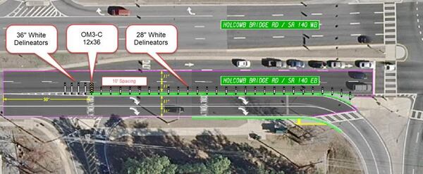 A concrete median will separate eastbound Holcomb Bridge Road traffic from motorists turning right onto Ga. 400 in Roswell. CITY OF ROSWELL.