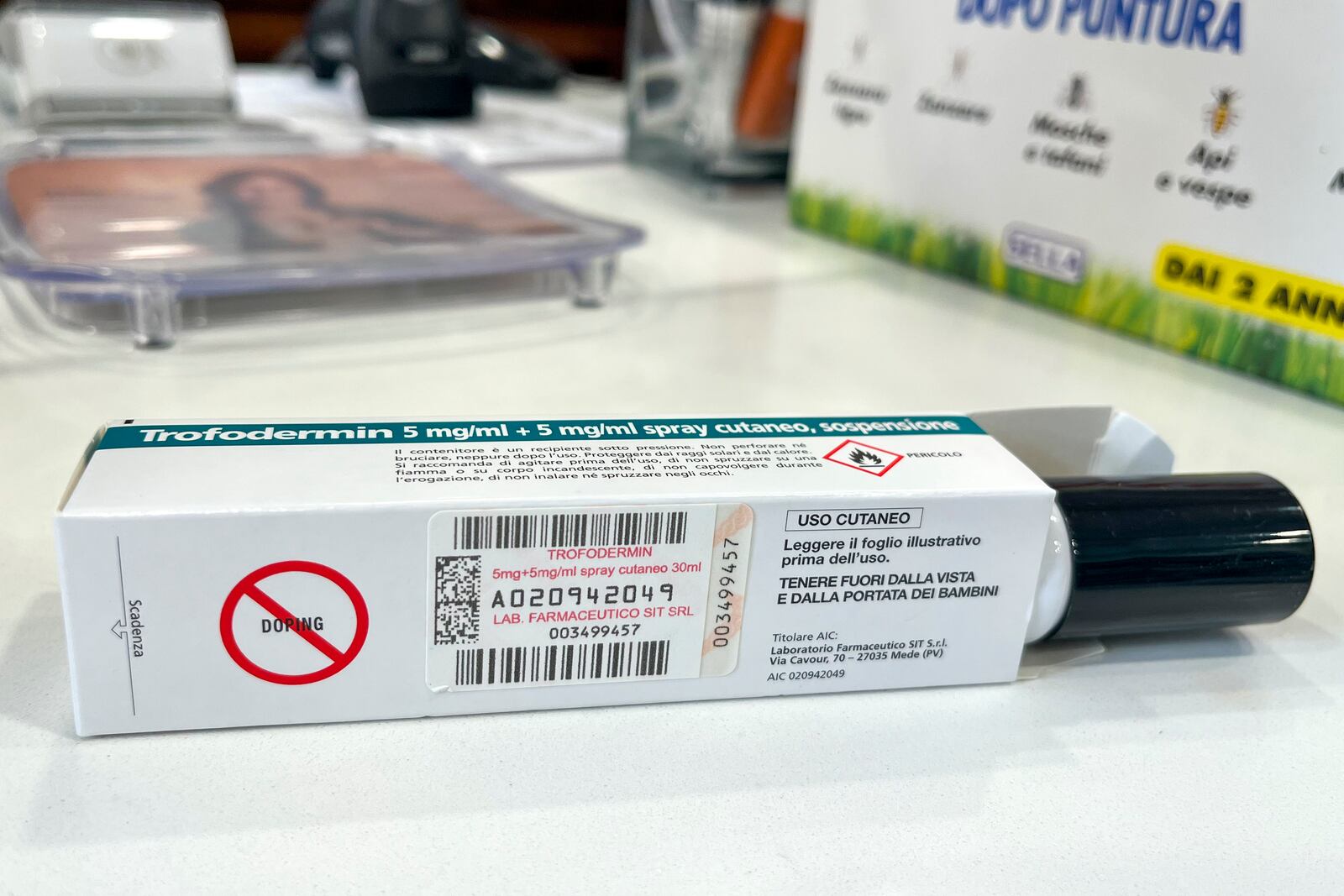 A pack of Trofodermin, a medical product meant for treating cuts and scrapes, which contains the anabolic steroid Clostebol, a substance listed in the World Anti-Doping Association's banned substances, is seen on the counter of a pharmacy in Rome, Wednesday, Sept. 4, 2024. (AP Photo/Andrew Dampf)