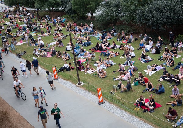 A crowd waits for the start of the Bandaloop dancers' performance on the Atlanta Beltline on Sunday, October 3, 2021. (Photo: Steve Schaefer for The Atlanta Journal-Constitution)