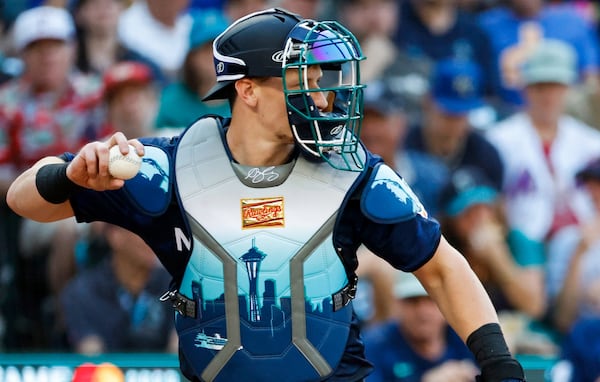 National League catcher Sean Murphy sports a Seattle-themed chest protector during the 2023 MLB All-Star Game July 11, 2023, at T-Mobile Park, in Seattle. (Dean Rutz/The Seattle Times/TNS)