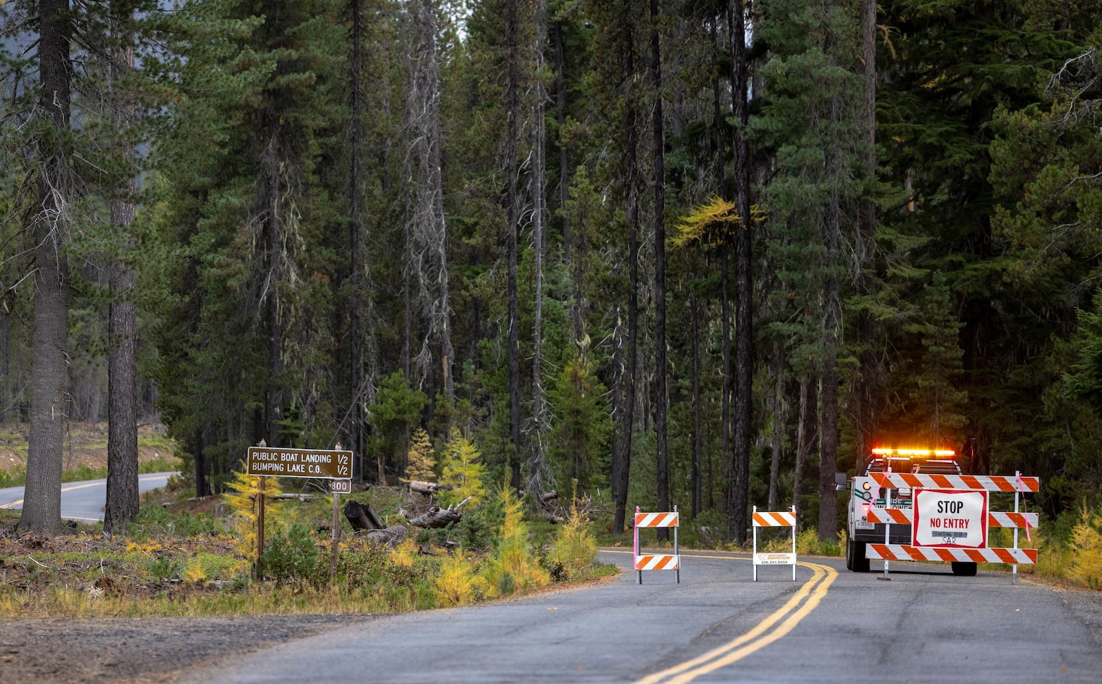 A U.S. Forest Service worker sits at a roadblock leading to the Twin Sisters Lakes trailhead as the search for two Navy aviators continues on Friday, Oct. 18, 2024, near Goose Prairie, Yakima County, Wash. (Nick Wagner/The Seattle Times via AP)