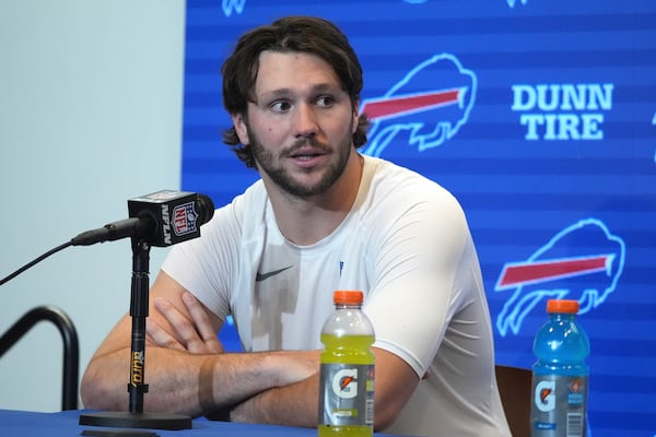 Buffalo Bills quarterback Josh Allen listens to a question during a news conference after an NFL football game against the Miami Dolphins, Sunday, Nov. 3, 2024, in Orchard Park, N.Y. (AP Photo/Gene Puskar)