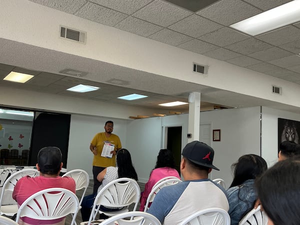 Giovani Serrano leads a know-your-rights gathering at a Hispanic church Canton, where he discussed House Bill 1105 on Saturday, June 1, 2024.