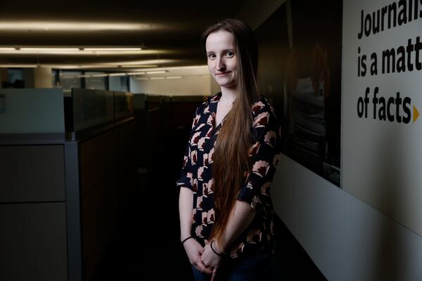 Emily Kohrs, forewoman of the special purpose grand jury looking into the 2020 elections, poses for a photograph at the AJC's newsroom on Tuesday, Feb 21, 2023. The special grand jury met for almost eight months and heard from 75 witnesses. (Miguel Martinez/The Atlanta Journal-Constitution)