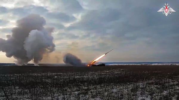 In this photo taken from video distributed by Russian Defense Ministry Press Service on Wednesday, Feb. 26, 2025, a Russian Army self-propelled 220 mm multiple rocket launcher Uragan (Hurricane) fires toward Ukrainian position at an undisclosed location in Ukraine. (Russian Defense Ministry Press Service via AP)