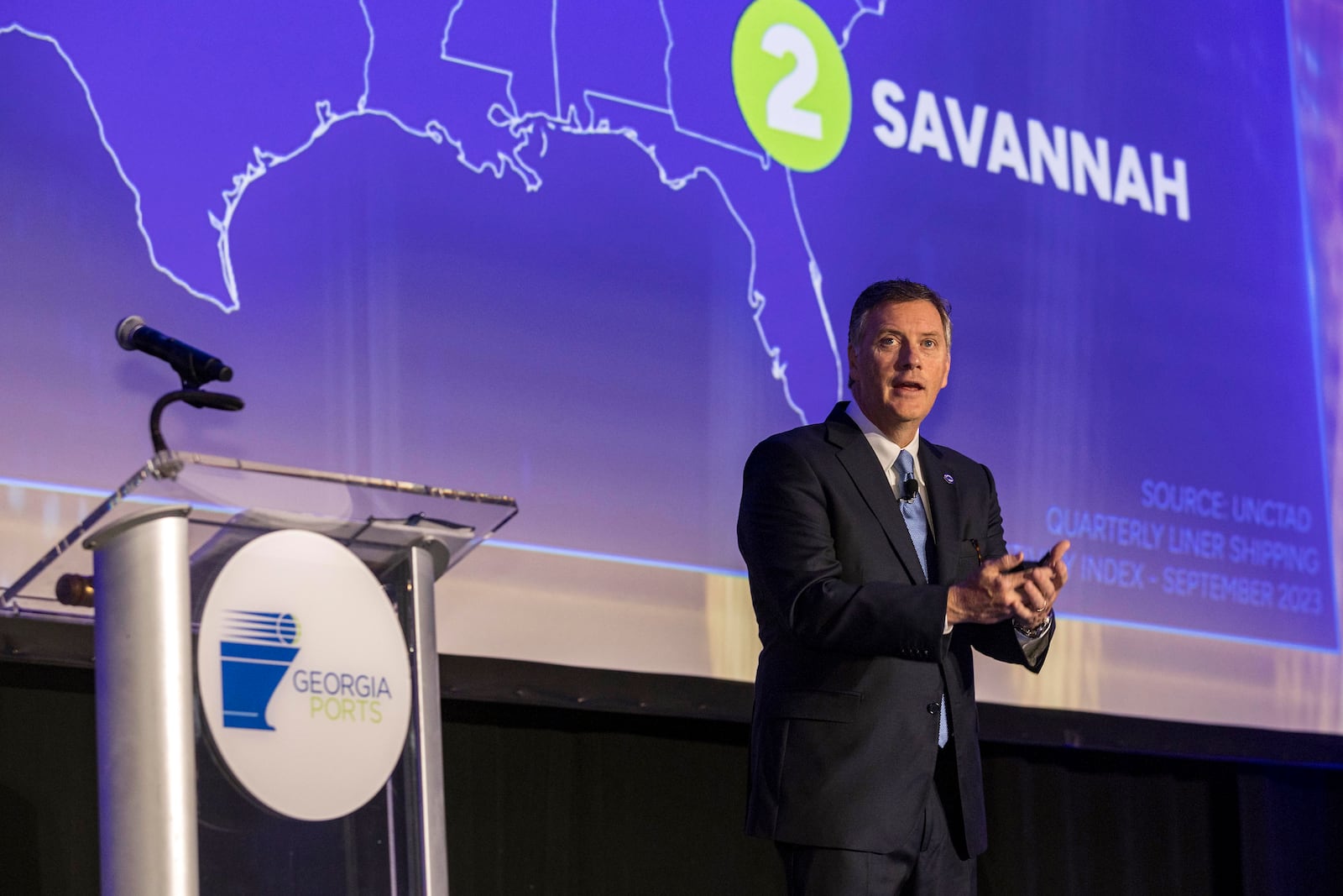 (2023 file photo) Georgia Port Authority President and CEO Griff Lynch speaks during the annual State of the Port event in Savannah, Ga. (AJC Photo/Georgia Port Authority, Stephen Morton)