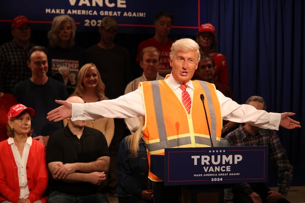 This image released by NBC shows James Austin Johnson portraying Donald Trump during the "Pre-Election" Cold Open on "Saturday Night Live," Saturday, Nov. 2, 2024, in New York. (Will Heath/NBC via AP)