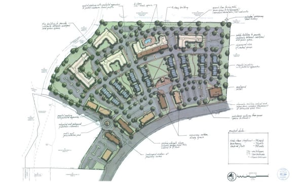 This is an updated site plan for the East Village Roswell, a 350-apartment development on the site of a former Super Target on Holcomb Bridge Road. It was updated after the Roswell City Council voiced concern about the original plan. (Photo courtesy of The Worthing Companies)